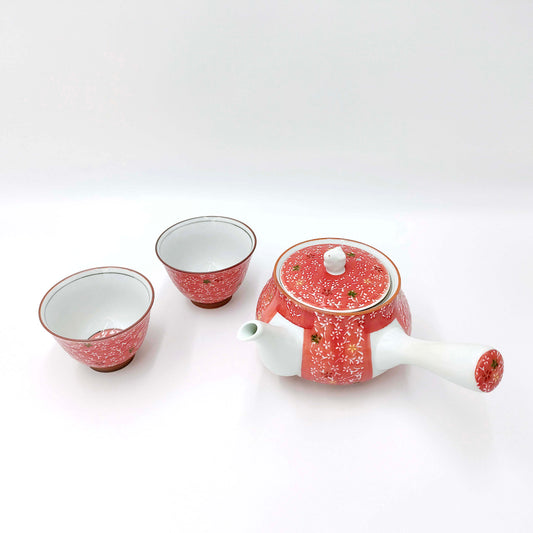 Yokode Kyūsu Teapot - Red with floral motif and bunny knob