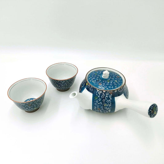 Yokode Kyūsu Teapot - Blue with floral motif and bunny knob