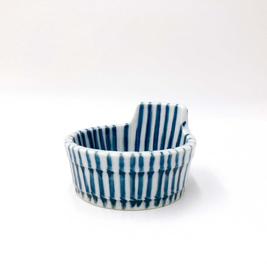 side view of ceramic blue and white striped Togusa Condiment Holder