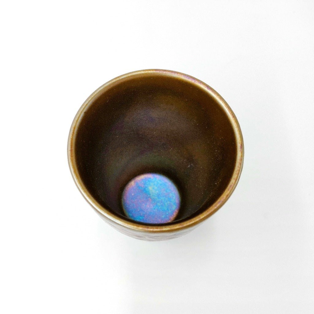 top down view of ceramic Tenmoku Cup with oil drop glaze finish displaying cup interior