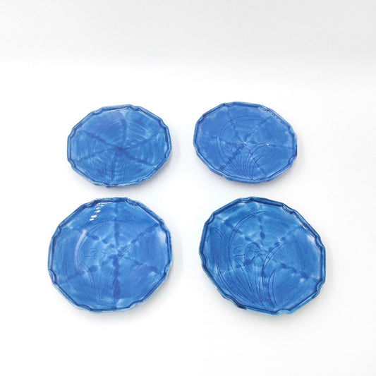 Top-down view of four blue Ayame Bori Mamezara