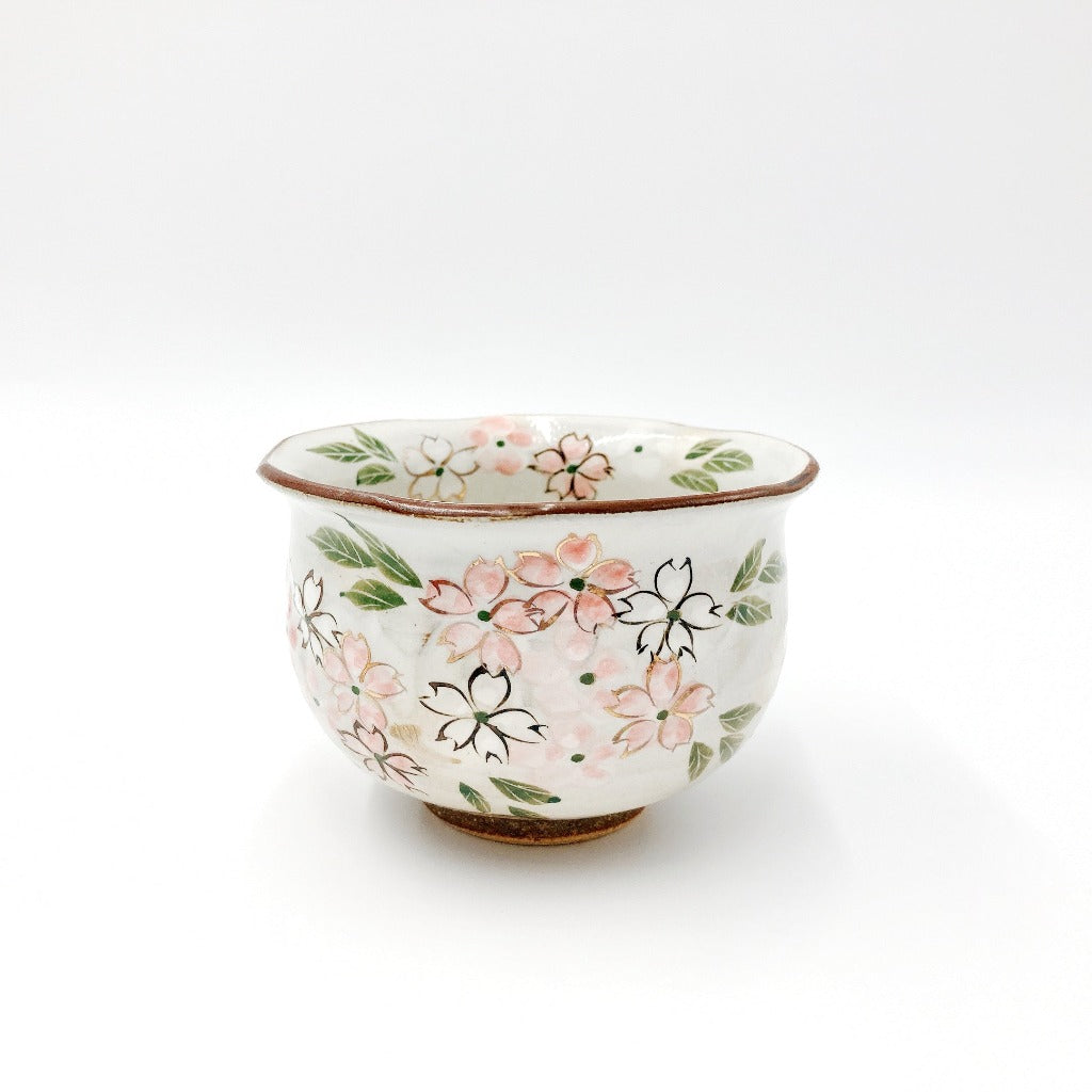 slightly angled side view of Shunzan Mori ceramic Hana Kiko sakura Ocha Teacup