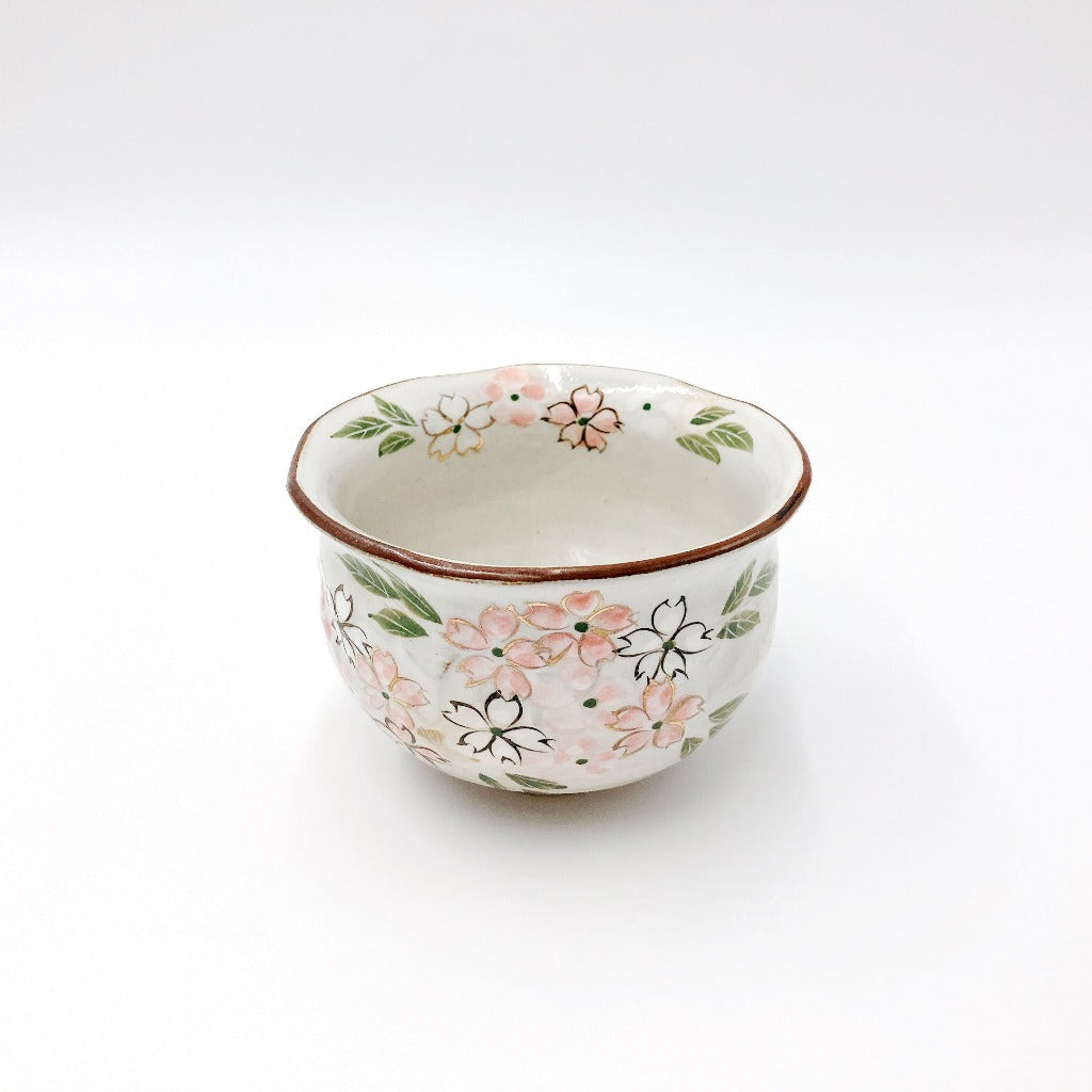 top down angled side view of Shunzan Mori ceramic Hana Kiko sakura Ocha Teacup showing glazed interior