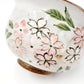 close up view of Shunzan Mori ceramic Hana Kiko Hydrangea Ocha Teacup showing sakura floral pattern